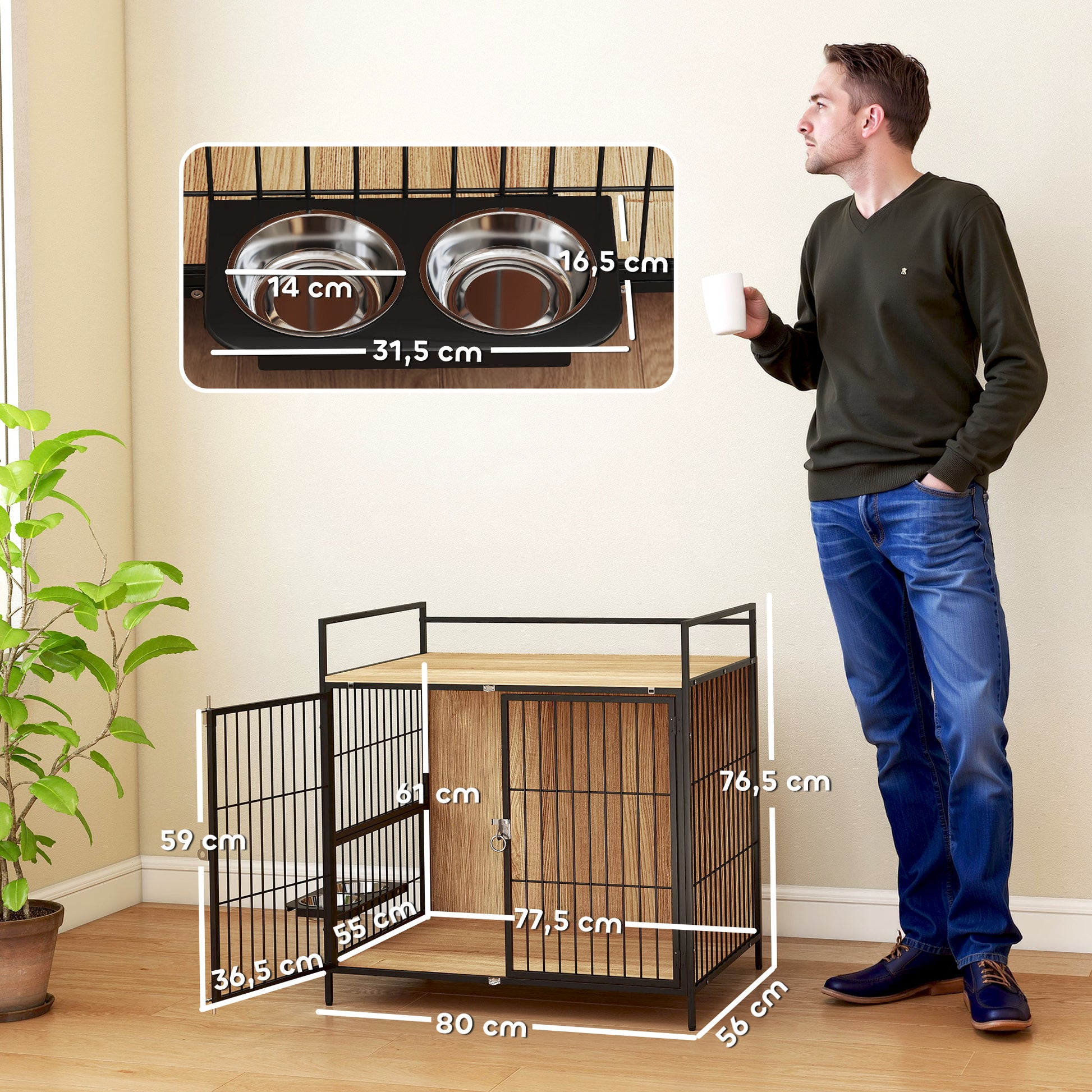 Dog Crate Modern Side Table Pet House with Swivel Feeding Station with 2 Bowls 2 Doors and Top Storage Shelf for Medium Dogs 80x56x76.5 cm Oak