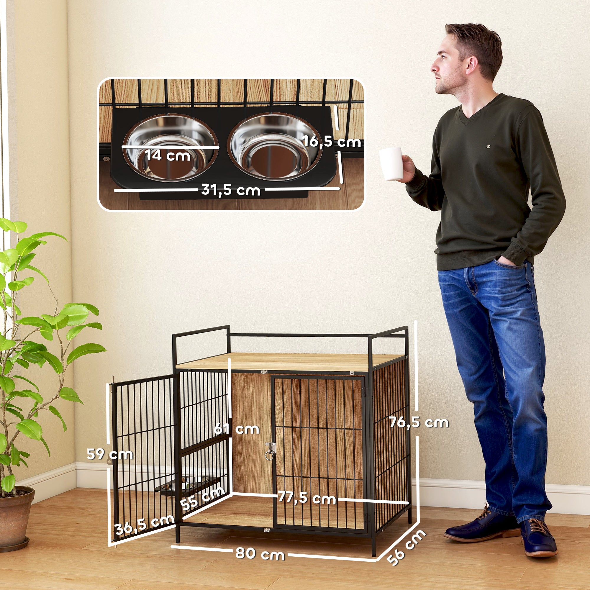 Dog Crate Modern Side Table Pet House with Swivel Feeding Station with 2 Bowls 2 Doors and Top Storage Shelf for Medium Dogs 80x56x76.5 cm Oak