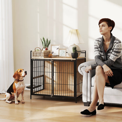 Dog Crate Modern Side Table Pet House with Swivel Feeding Station with 2 Bowls 2 Doors and Top Storage Shelf for Medium Dogs 80x56x76.5 cm Oak