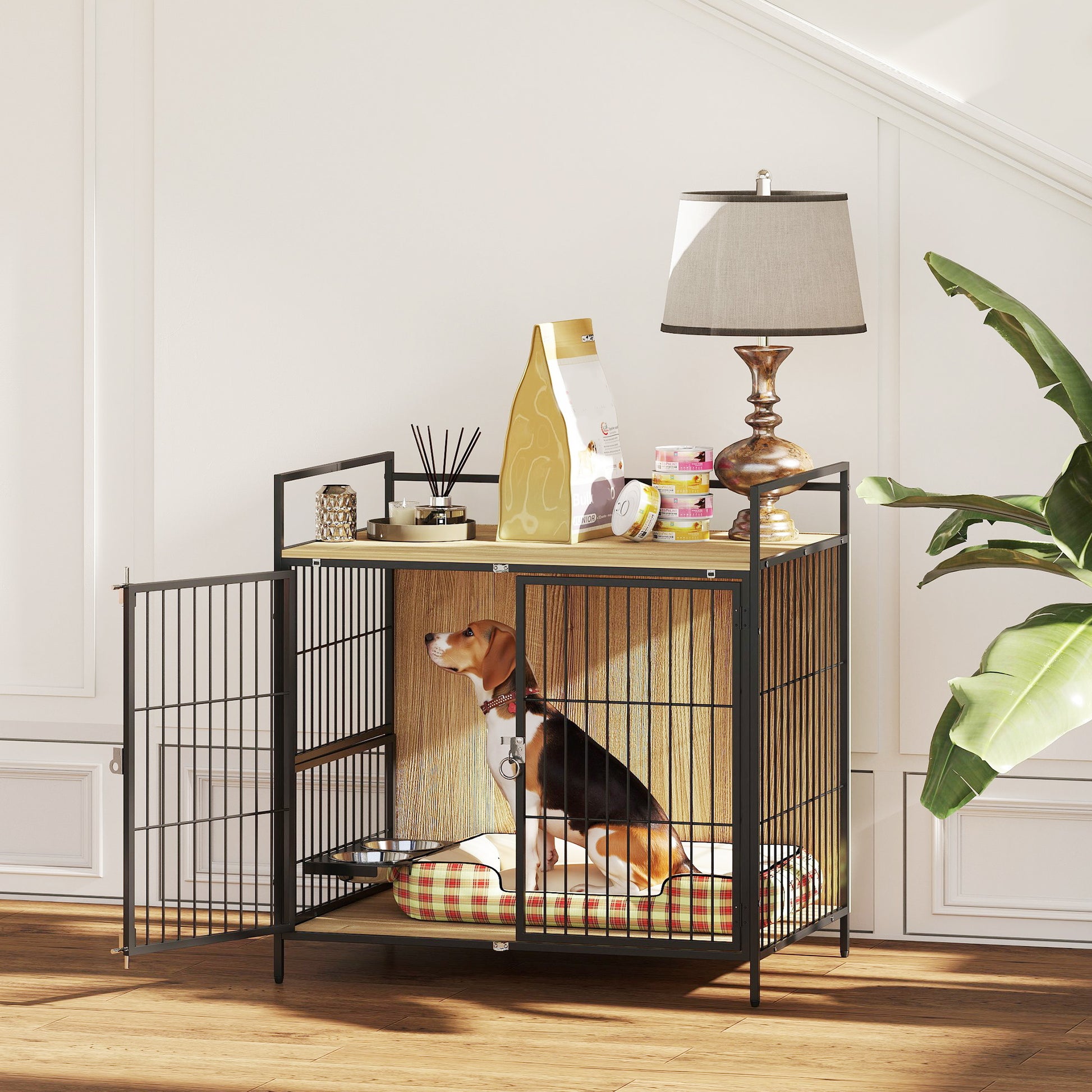 Dog Crate Modern Side Table Pet House with Swivel Feeding Station with 2 Bowls 2 Doors and Top Storage Shelf for Medium Dogs 80x56x76.5 cm Oak