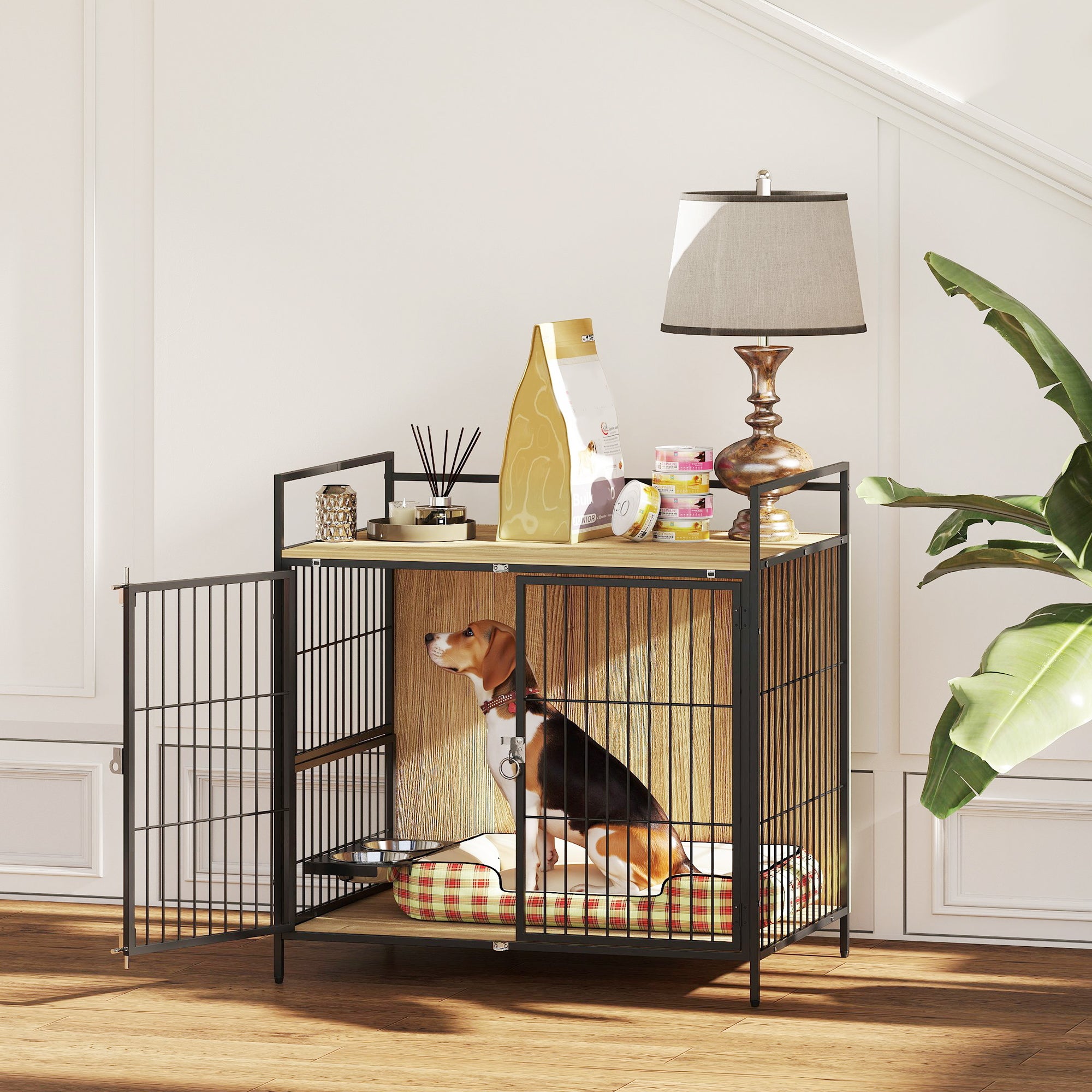 Dog Crate Modern Side Table Pet House with Swivel Feeding Station with 2 Bowls 2 Doors and Top Storage Shelf for Medium Dogs 80x56x76.5 cm Oak