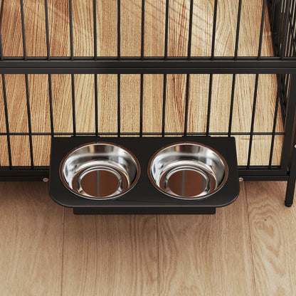 Dog Crate Modern Side Table Pet House with Swivel Feeding Station with 2 Bowls 2 Doors and Top Storage Shelf for Medium Dogs 80x56x76.5 cm Oak