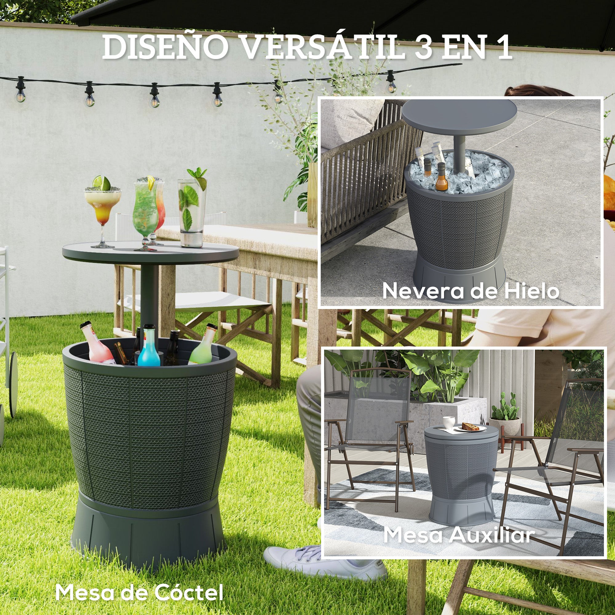Outdoor Cooler Table 41 L 3 in 1 Cool Bar Side Table with Adjustable Height 58-84 cm Ice Bucket Lift Top for Pool Garden Patio Gray