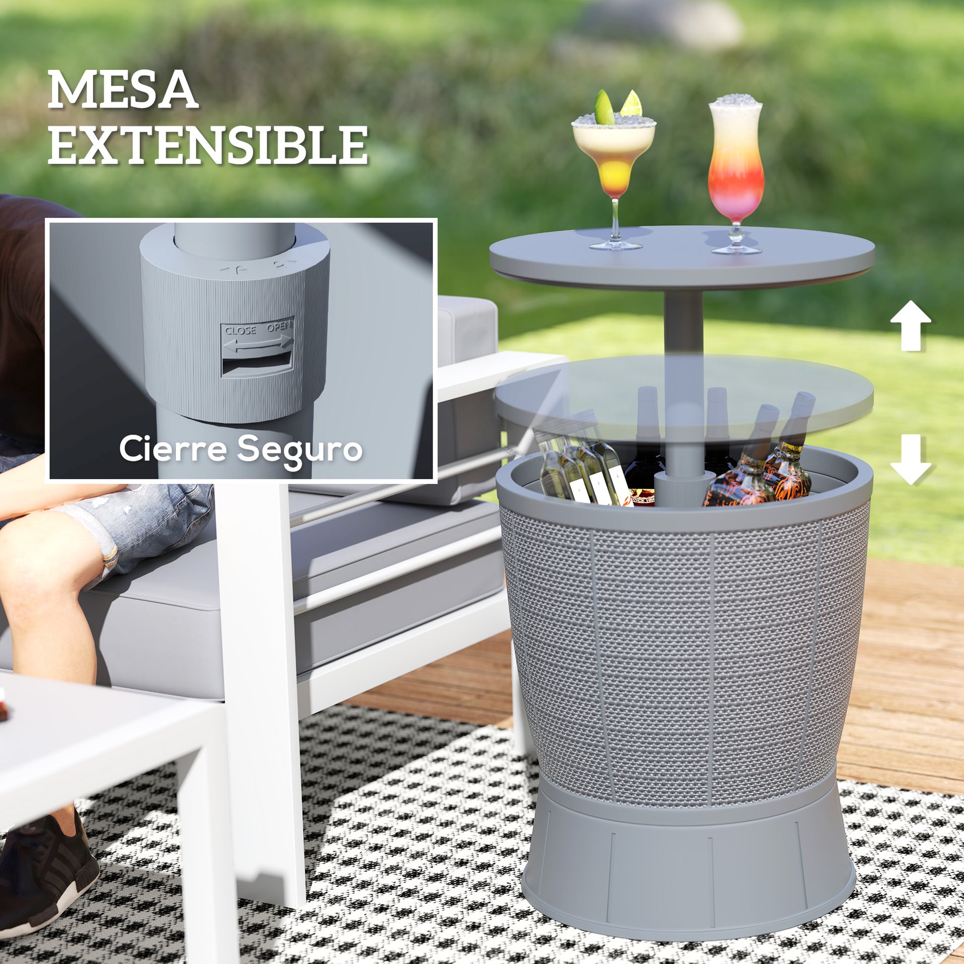 Outdoor Cooler Table 41 L 3 in 1 Cool Bar Side Table with Adjustable Height 58-84 cm Ice Bucket Lift Top for Pool Garden Patio Gray