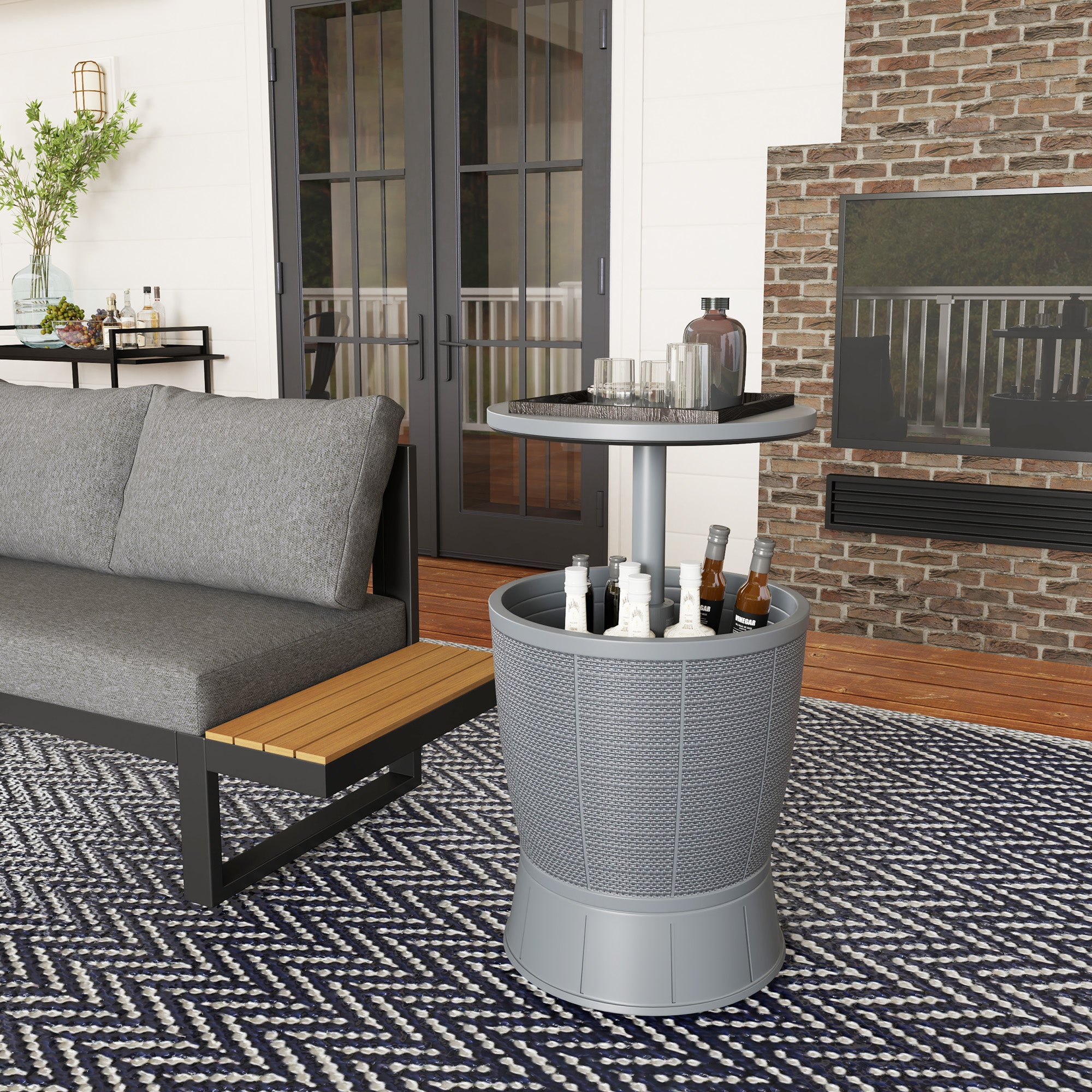 Outdoor Cooler Table 41 L 3 in 1 Cool Bar Side Table with Adjustable Height 58-84 cm Ice Bucket Lift Top for Pool Garden Patio Gray