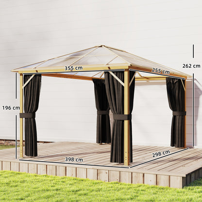 4 x 3 m Aluminum Gazebo with 6 mm Polycarbonate Hardtop, Wood-Grain Finish, Mosquito Net & 4 Side Curtains — Winter-Resistant Pergola with Ceiling Hooks (Natural Wood)