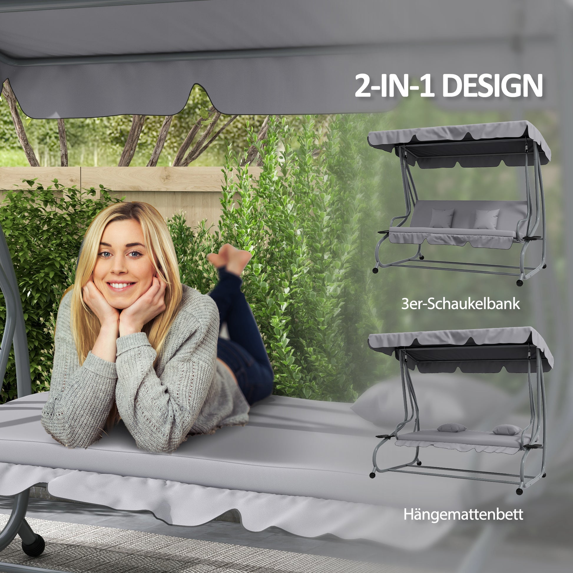 Hollywood Swing with Reclining Function, 3-Seater Garden Swing with Adjustable Canopy, Side Table, Water-Resistant Swing Bench supports up to 340kg, for Garden, 200x120x164cm, Light Gray