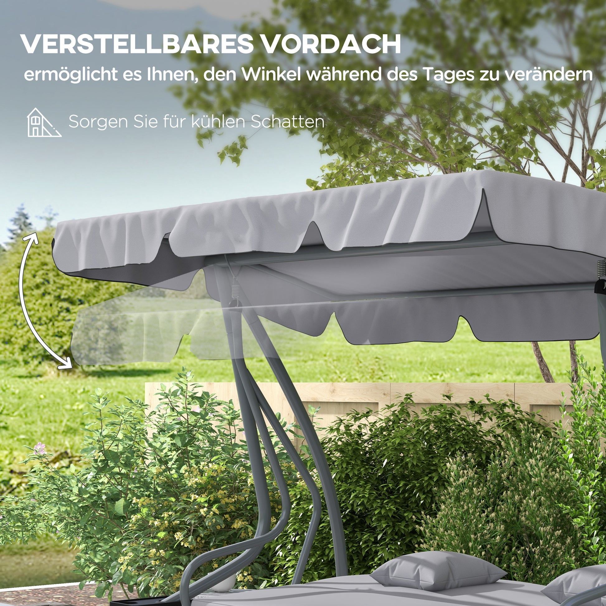 Hollywood Swing with Reclining Function, 3-Seater Garden Swing with Adjustable Canopy, Side Table, Water-Resistant Swing Bench supports up to 340kg, for Garden, 200x120x164cm, Light Gray