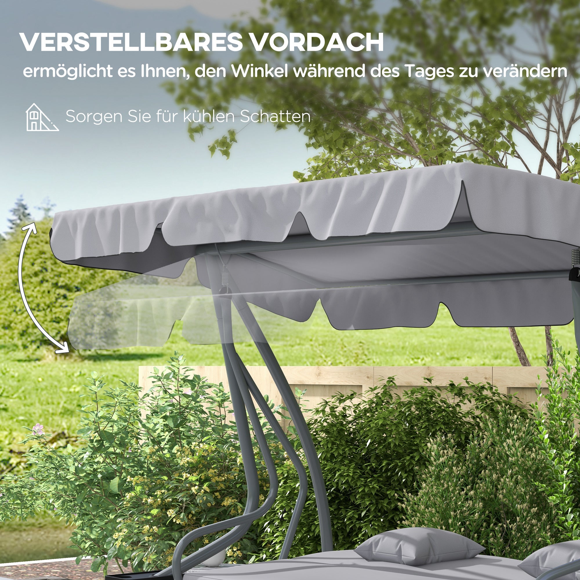 Hollywood Swing with Reclining Function, 3-Seater Garden Swing with Adjustable Canopy, Side Table, Water-Resistant Swing Bench supports up to 340kg, for Garden, 200x120x164cm, Light Gray