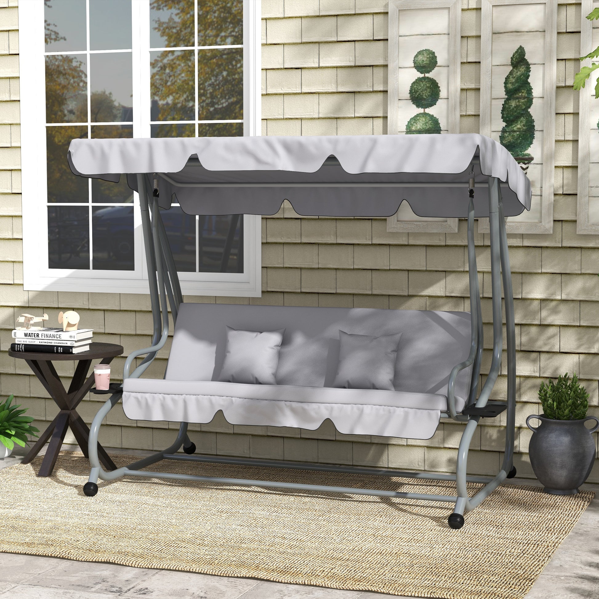 Hollywood Swing with Reclining Function, 3-Seater Garden Swing with Adjustable Canopy, Side Table, Water-Resistant Swing Bench supports up to 340kg, for Garden, 200x120x164cm, Light Gray