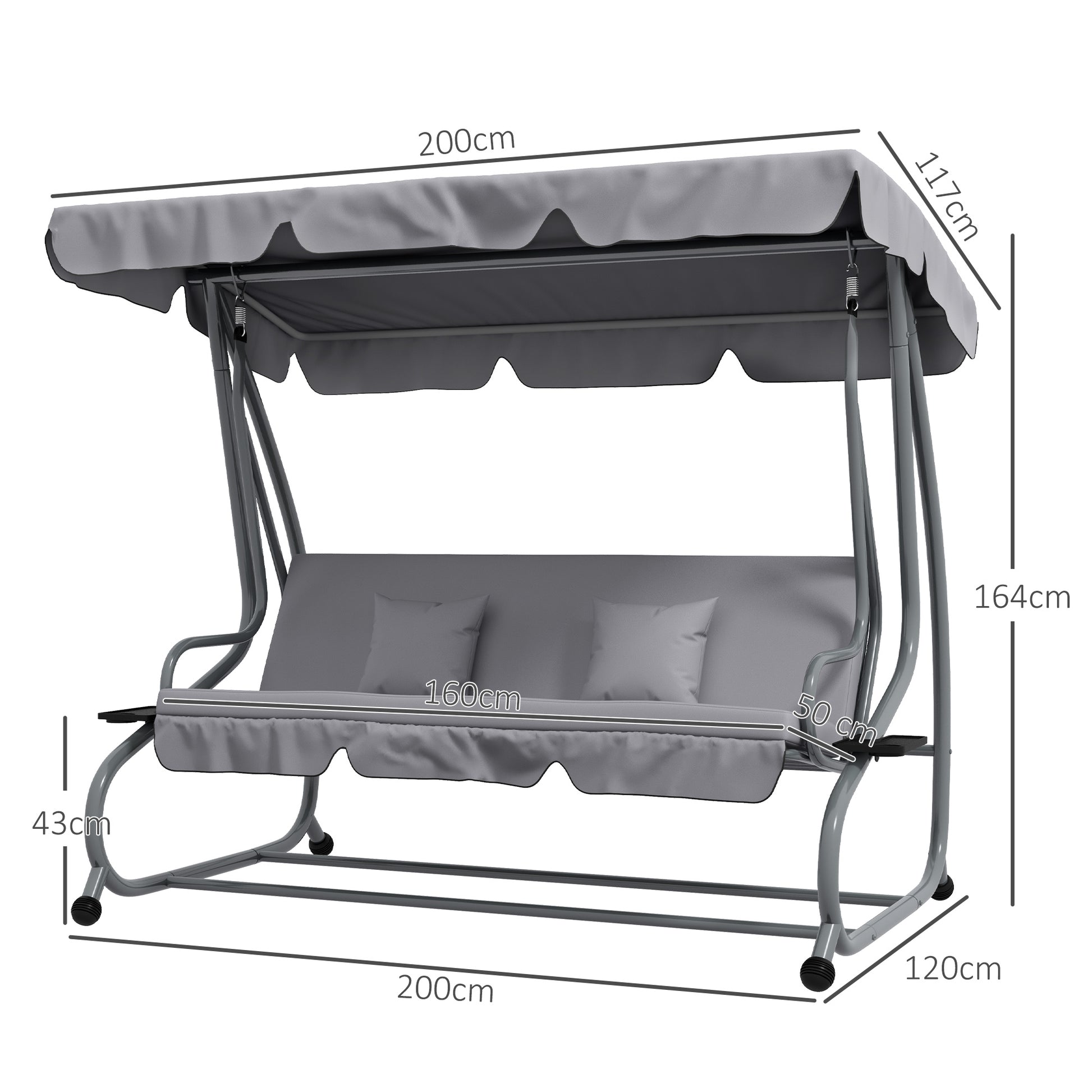 Hollywood Swing with Reclining Function, 3-Seater Garden Swing with Adjustable Canopy, Side Table, Water-Resistant Swing Bench supports up to 340kg, for Garden, 200x120x164cm, Light Gray