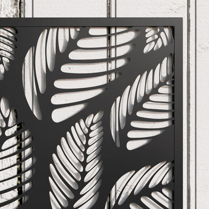 Jardinière with Grid, Privacy Screen Paravent, Outdoor Planter Box Metal on Stand or Wall Mounted, Cutout Leaf Motifs, Rectangular Flower Box Balcony Terrace Patio, 61x23x113 cm, black