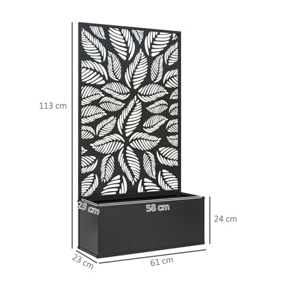 Jardinière with Grid, Privacy Screen Paravent, Outdoor Planter Box Metal on Stand or Wall Mounted, Cutout Leaf Motifs, Rectangular Flower Box Balcony Terrace Patio, 61x23x113 cm, black