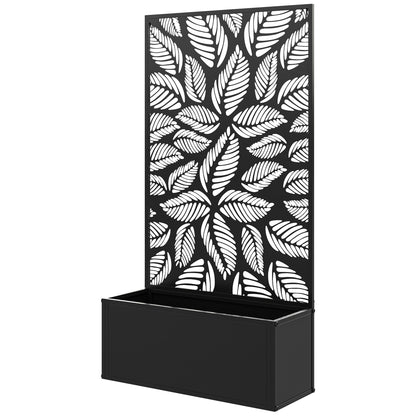 Jardinière with Grid, Privacy Screen Paravent, Outdoor Planter Box Metal on Stand or Wall Mounted, Cutout Leaf Motifs, Rectangular Flower Box Balcony Terrace Patio, 61x23x113 cm, black