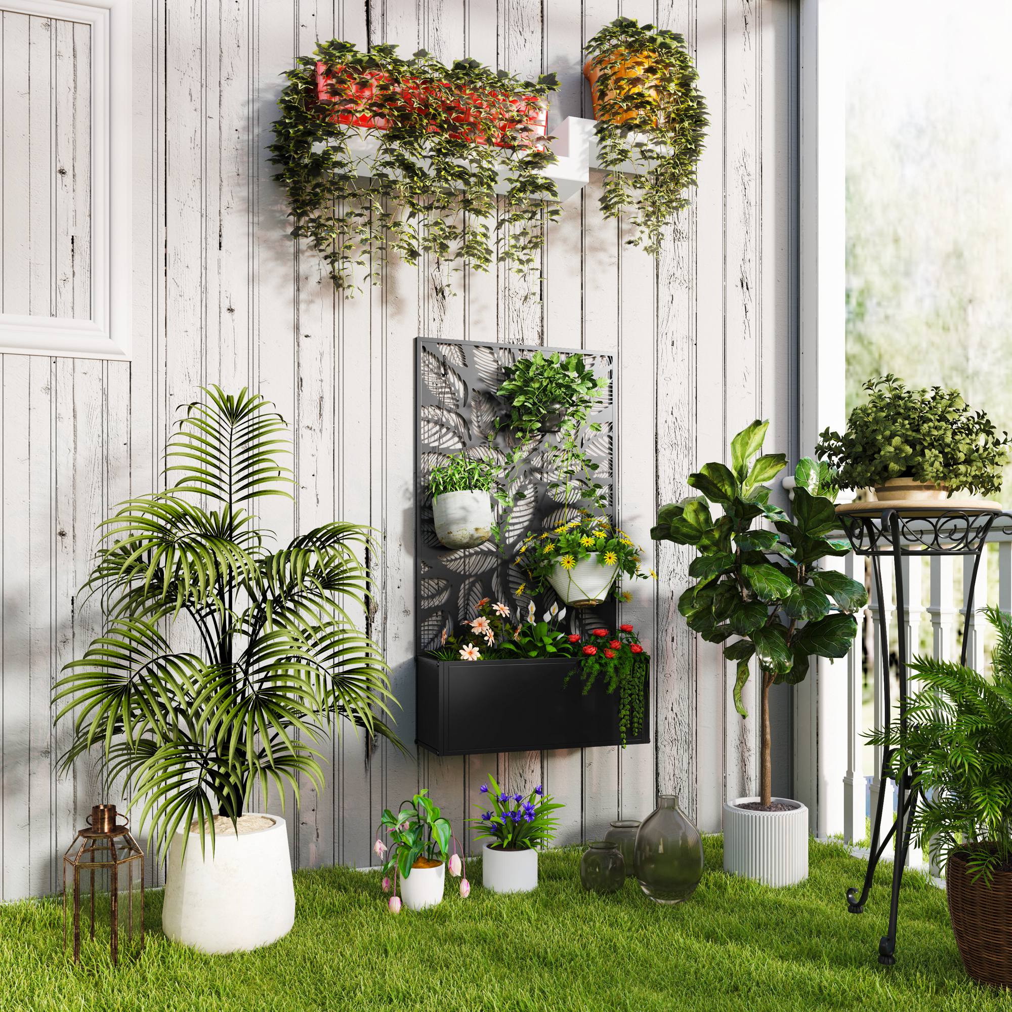 Jardinière with Grid, Privacy Screen Paravent, Outdoor Planter Box Metal on Stand or Wall Mounted, Cutout Leaf Motifs, Rectangular Flower Box Balcony Terrace Patio, 61x23x113 cm, black