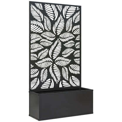 Jardinière with Grid, Privacy Screen Paravent, Outdoor Planter Box Metal on Stand or Wall Mounted, Cutout Leaf Motifs, Rectangular Flower Box Balcony Terrace Patio, 61x23x113 cm, black