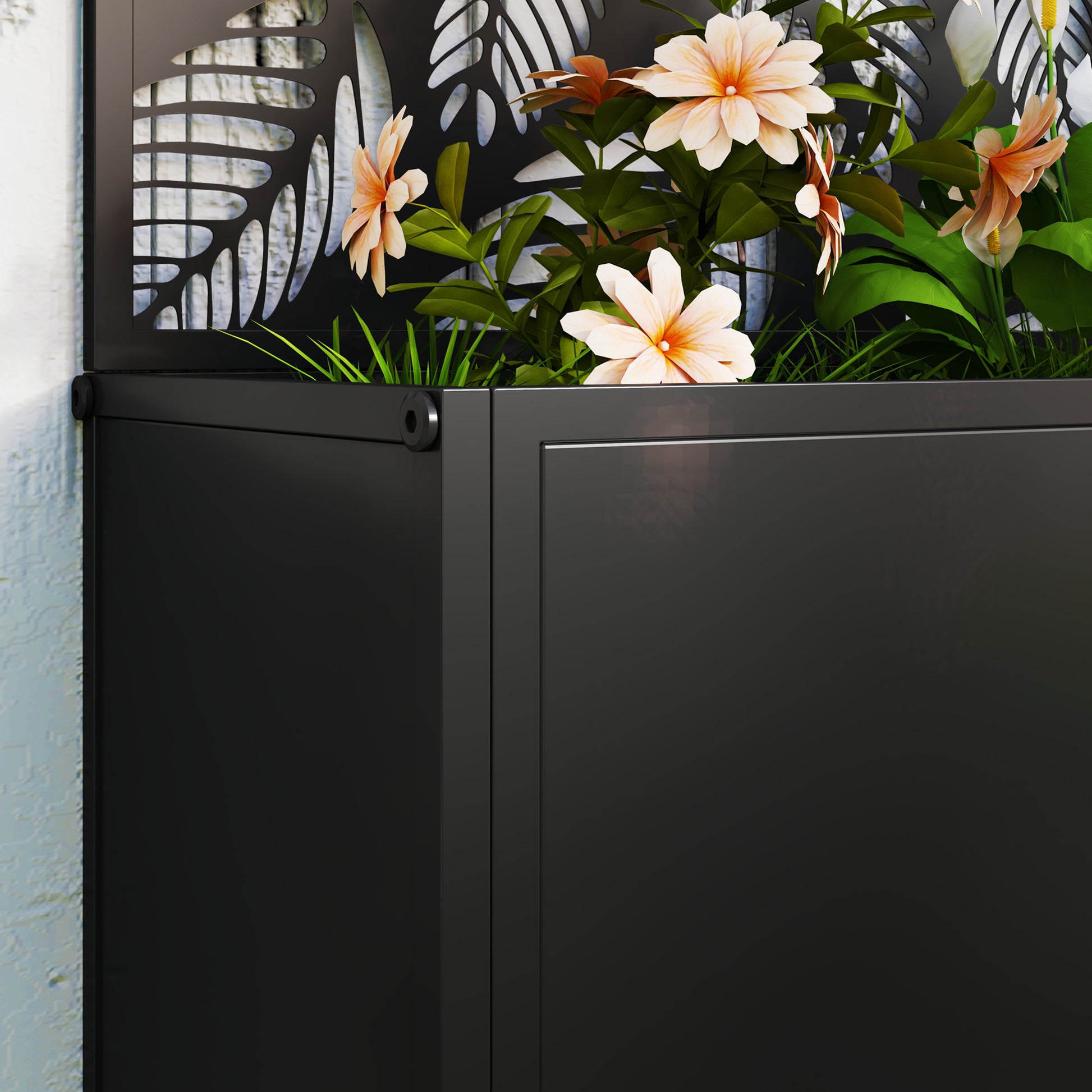 Jardinière with Grid, Privacy Screen Paravent, Outdoor Planter Box Metal on Stand or Wall Mounted, Cutout Leaf Motifs, Rectangular Flower Box Balcony Terrace Patio, 61x23x113 cm, black