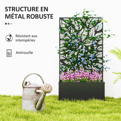 Jardinière with Grid, Privacy Screen Paravent, Outdoor Planter Box Metal on Stand or Wall Mounted, Cutout Leaf Motifs, Rectangular Flower Box Balcony Terrace Patio, 61x23x113 cm, black