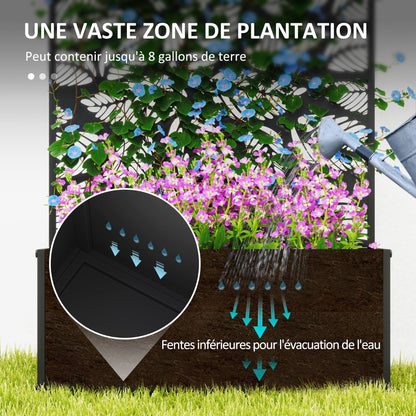 Jardinière with Grid, Privacy Screen Paravent, Outdoor Planter Box Metal on Stand or Wall Mounted, Cutout Leaf Motifs, Rectangular Flower Box Balcony Terrace Patio, 61x23x113 cm, black
