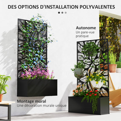 Jardinière with Grid, Privacy Screen Paravent, Outdoor Planter Box Metal on Stand or Wall Mounted, Cutout Leaf Motifs, Rectangular Flower Box Balcony Terrace Patio, 61x23x113 cm, black