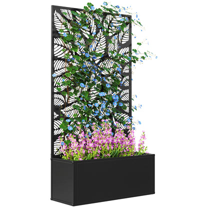 Jardinière with Grid, Privacy Screen Paravent, Outdoor Planter Box Metal on Stand or Wall Mounted, Cutout Leaf Motifs, Rectangular Flower Box Balcony Terrace Patio, 61x23x113 cm, black