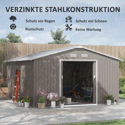 Tool Shed 12.4 sqm, Garden House with Pent Roof, Sliding Door, Foundation, 386 x 340 x 200 cm, Tool Shed made of Galvanized Steel, Weatherproof, for Garden, Light Grey
