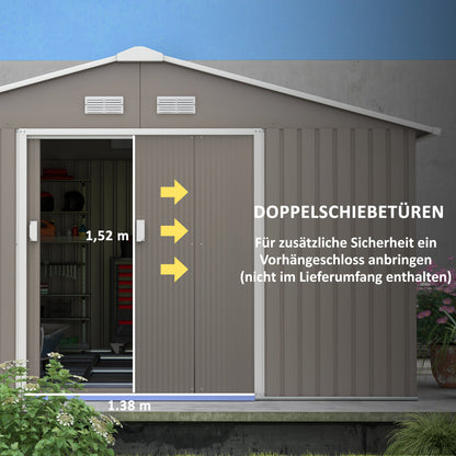 Tool Shed 12.4 sqm, Garden House with Pent Roof, Sliding Door, Foundation, 386 x 340 x 200 cm, Tool Shed made of Galvanized Steel, Weatherproof, for Garden, Light Grey