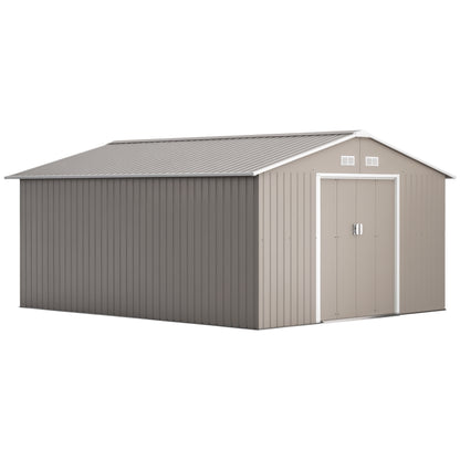 Tool Shed 12.4 sqm, Garden House with Pent Roof, Sliding Door, Foundation, 386 x 340 x 200 cm, Tool Shed made of Galvanized Steel, Weatherproof, for Garden, Light Grey