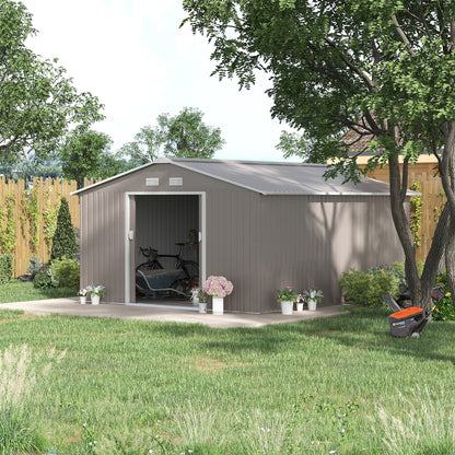 Tool Shed 12.4 sqm, Garden House with Pent Roof, Sliding Door, Foundation, 386 x 340 x 200 cm, Tool Shed made of Galvanized Steel, Weatherproof, for Garden, Light Grey