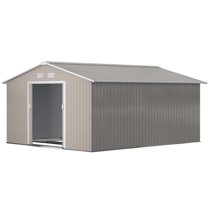Tool Shed 12.4 sqm, Garden House with Pent Roof, Sliding Door, Foundation, 386 x 340 x 200 cm, Tool Shed made of Galvanized Steel, Weatherproof, for Garden, Light Grey