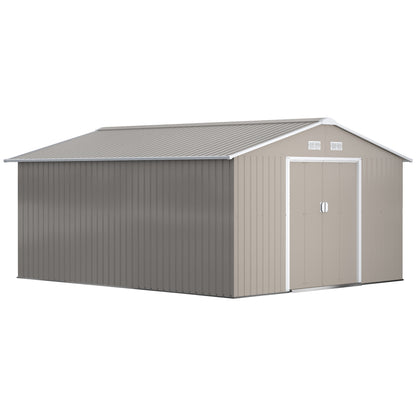 Tool Shed 12.4 sqm, Garden House with Pent Roof, Sliding Door, Foundation, 386 x 340 x 200 cm, Tool Shed made of Galvanized Steel, Weatherproof, for Garden, Light Grey