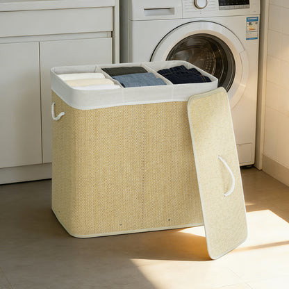 Bamboo Laundry Hamper with Lid, 144 L (≈38.1 US gal), 3-Compartment Laundry Basket, Removable Washable Liner, Handles, 23.6×15.7×23.6 in, Cream