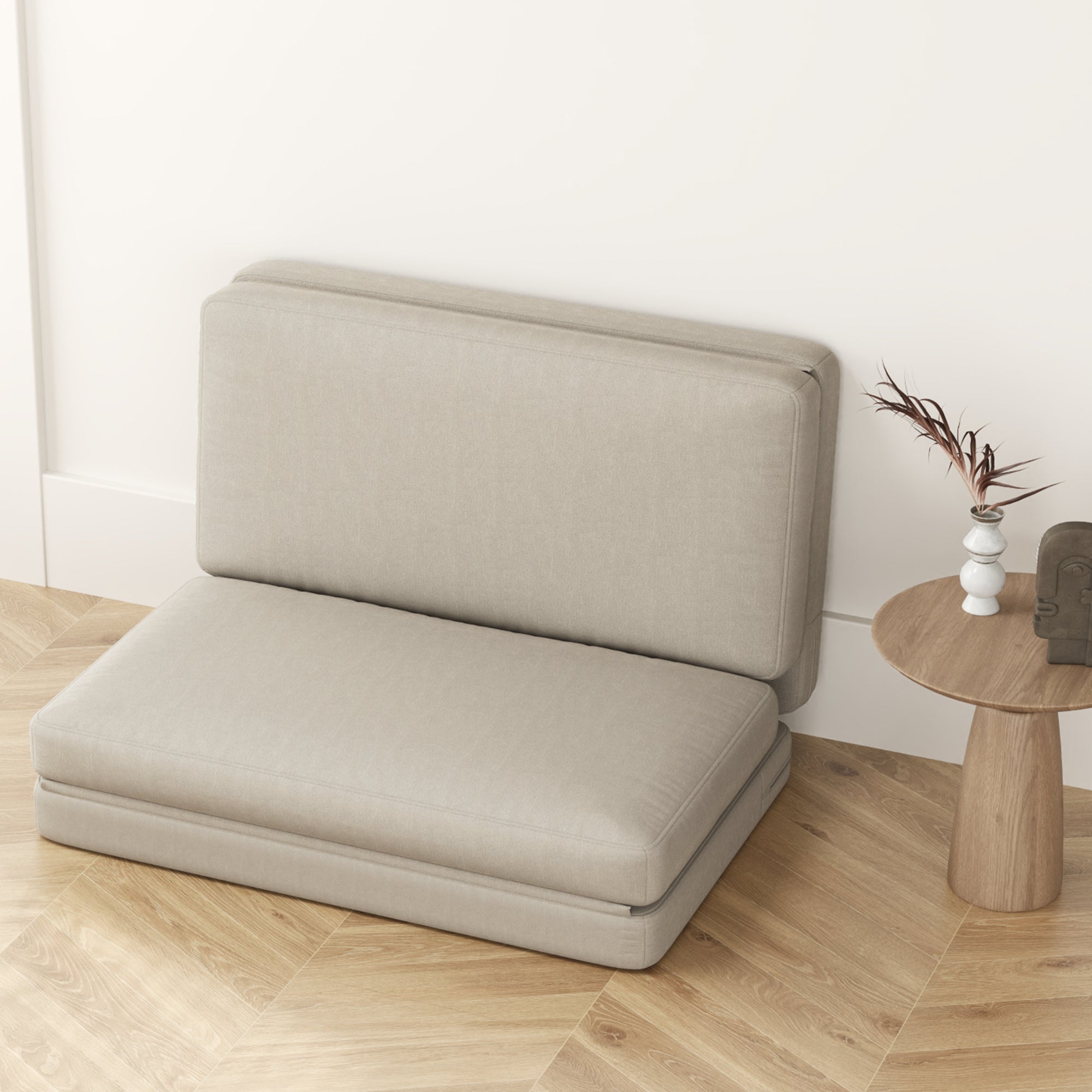 3-in-1 Folding Floor Sofa Bed with Velvet Look, Upholstered Sofa Bed Supports up to 240 kg for Bedroom, Living Room, Beige