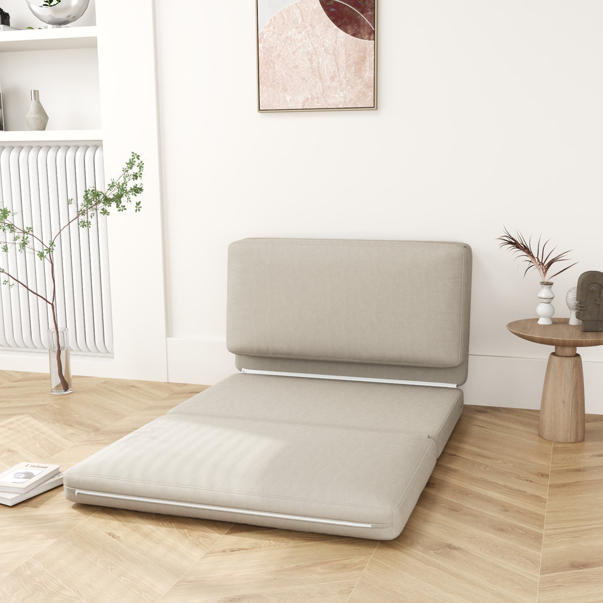 3-in-1 Folding Floor Sofa Bed with Velvet Look, Upholstered Sofa Bed Supports up to 240 kg for Bedroom, Living Room, Beige