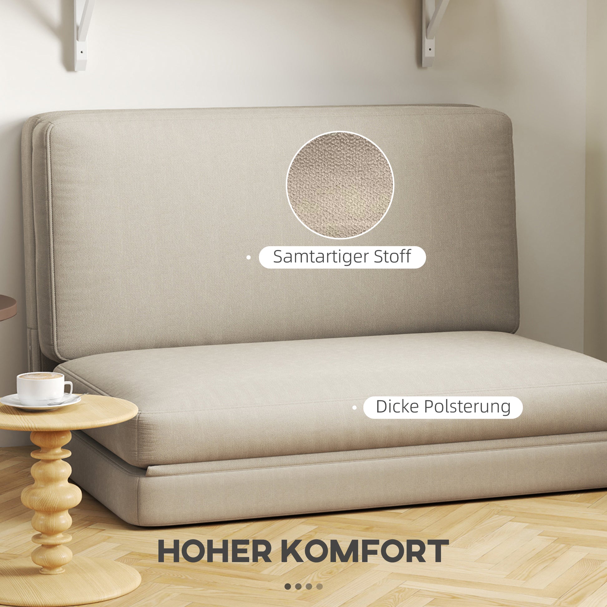 3-in-1 Folding Floor Sofa Bed with Velvet Look, Upholstered Sofa Bed Supports up to 240 kg for Bedroom, Living Room, Beige