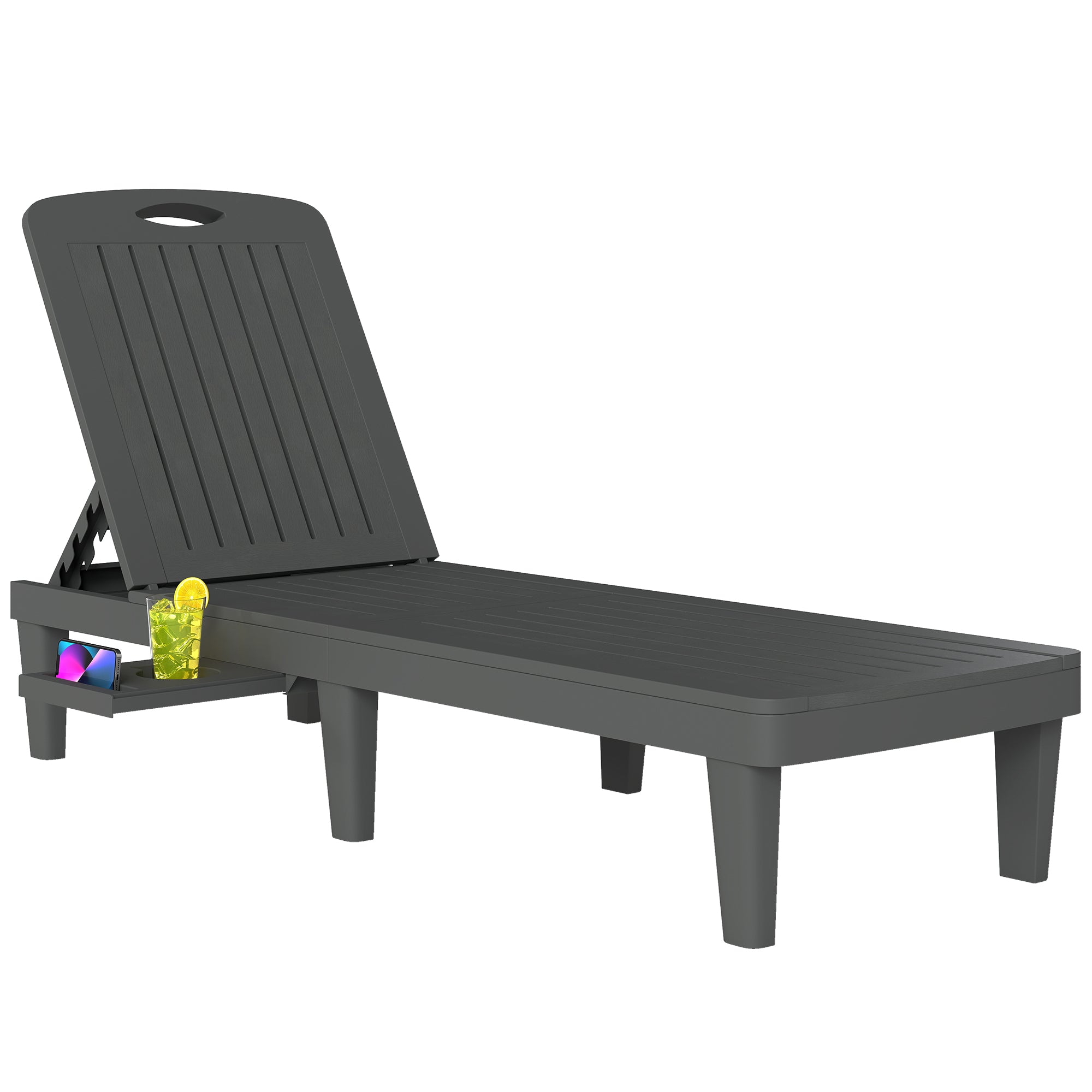 Set of 2 Outdoor Sun Loungers — PP Reclining Chairs with Removable Side Tray, 5-Position Backrest, Weather-Resistant, Gray