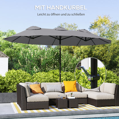 Double Umbrella, 285x147cm Garden Umbrella with Hand Crank, Metal Pole, Oval Market Umbrella with Wind Vent, Windproof Double Umbrella with Adjustable Tilt, for Patio, Pool Gray