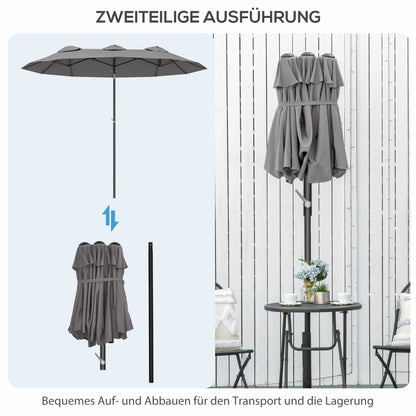 Double Umbrella, 285x147cm Garden Umbrella with Hand Crank, Metal Pole, Oval Market Umbrella with Wind Vent, Windproof Double Umbrella with Adjustable Tilt, for Patio, Pool Gray