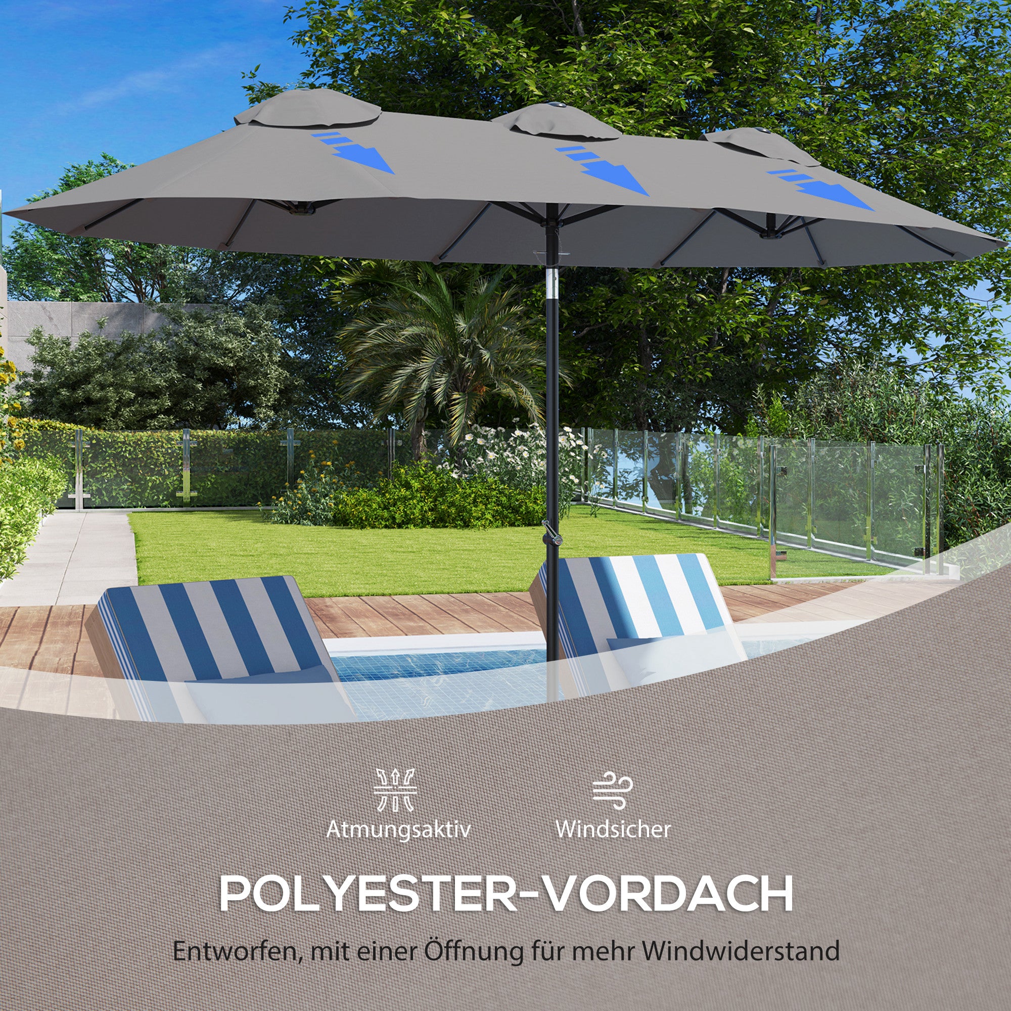Double Umbrella, 285x147cm Garden Umbrella with Hand Crank, Metal Pole, Oval Market Umbrella with Wind Vent, Windproof Double Umbrella with Adjustable Tilt, for Patio, Pool Gray