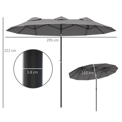 Double Umbrella, 285x147cm Garden Umbrella with Hand Crank, Metal Pole, Oval Market Umbrella with Wind Vent, Windproof Double Umbrella with Adjustable Tilt, for Patio, Pool Gray