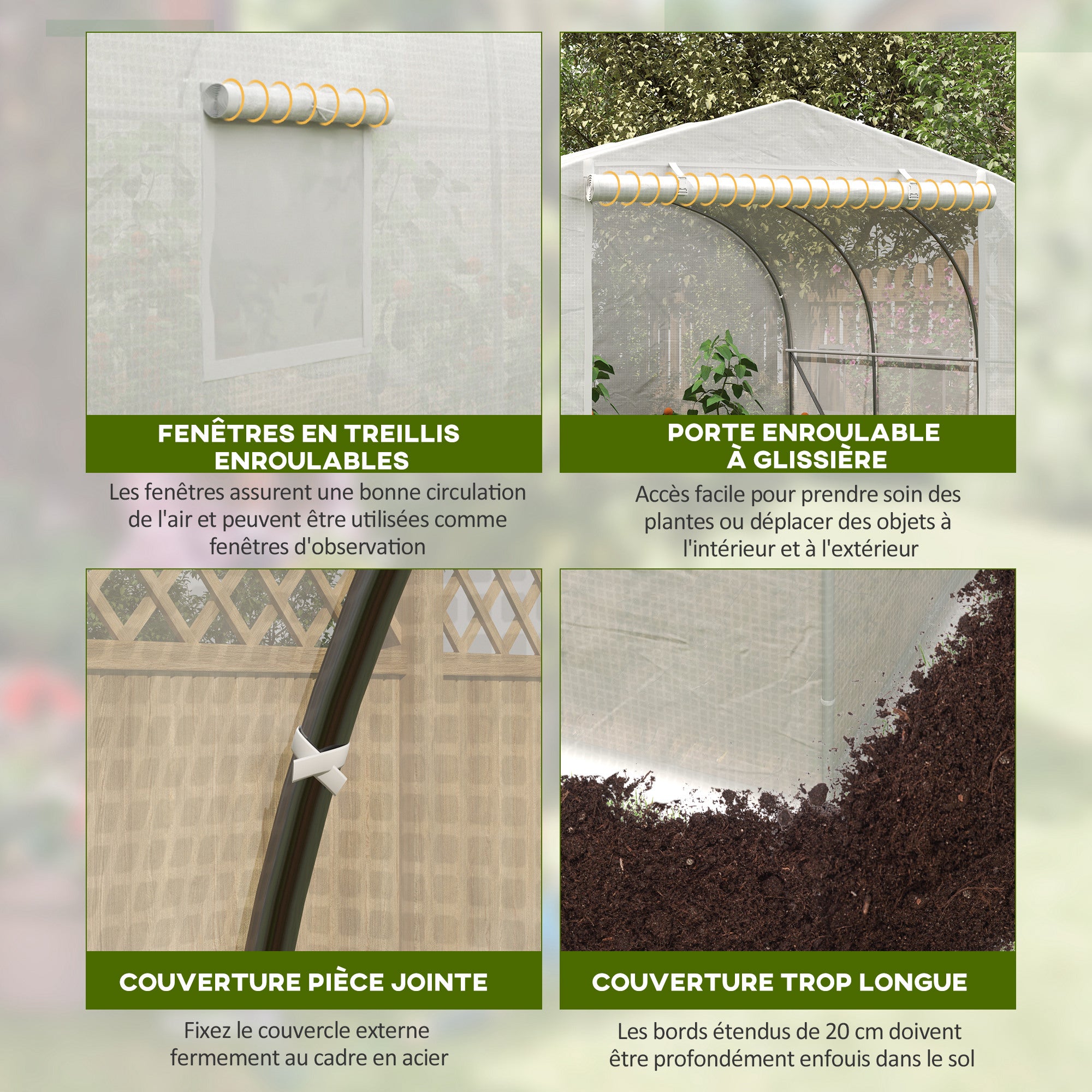 Garden Tunnel Greenhouse dim. 3.5L x 3W x 2H m Door + 6 roll-up windows Galvanized Steel High-Density PE Cover White