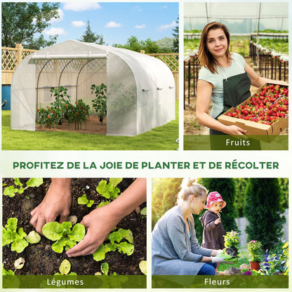 Garden Tunnel Greenhouse dim. 3.5L x 3W x 2H m Door + 6 roll-up windows Galvanized Steel High-Density PE Cover White