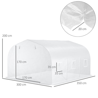 Garden Tunnel Greenhouse dim. 3.5L x 3W x 2H m Door + 6 roll-up windows Galvanized Steel High-Density PE Cover White