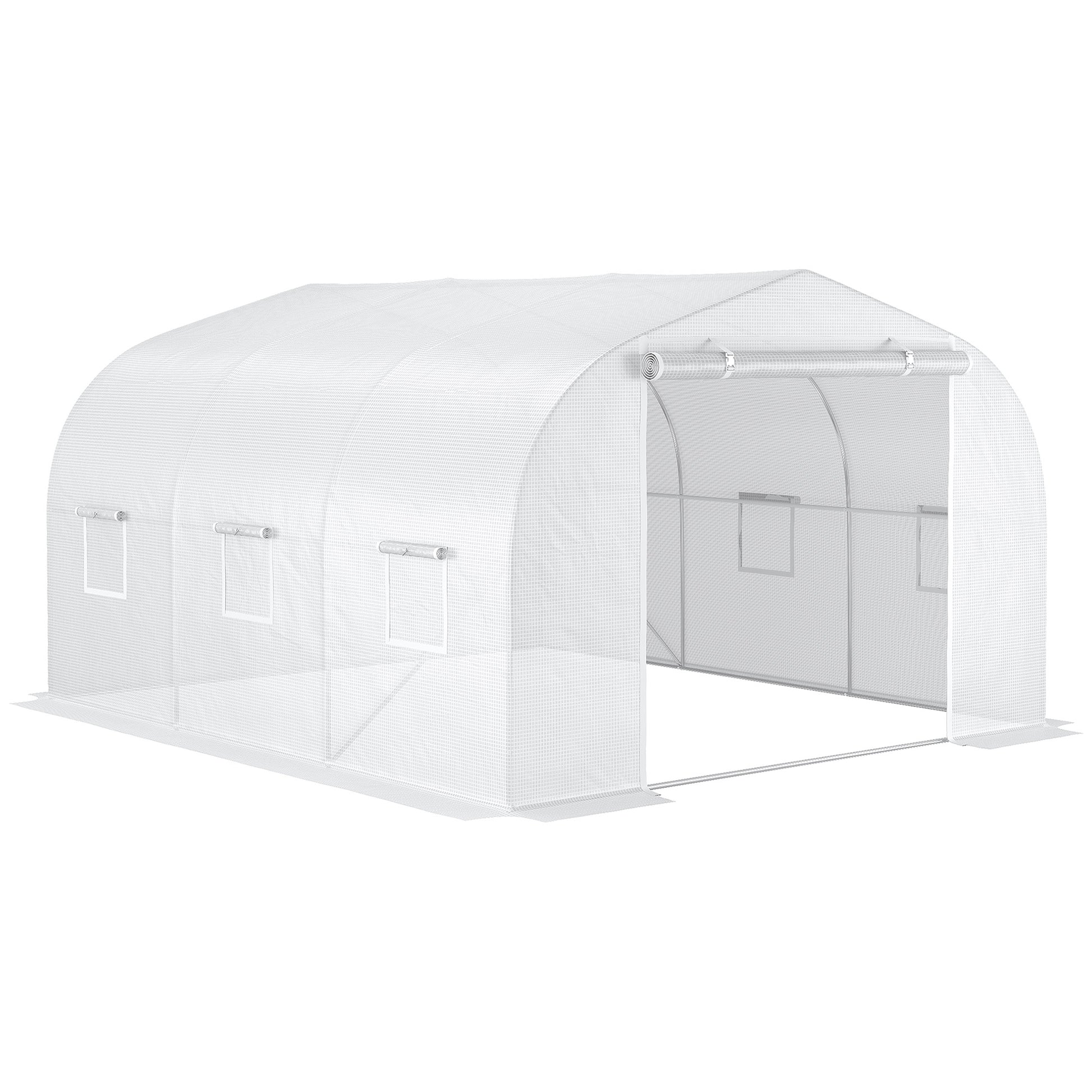 Garden Tunnel Greenhouse dim. 3.5L x 3W x 2H m Door + 6 roll-up windows Galvanized Steel High-Density PE Cover White