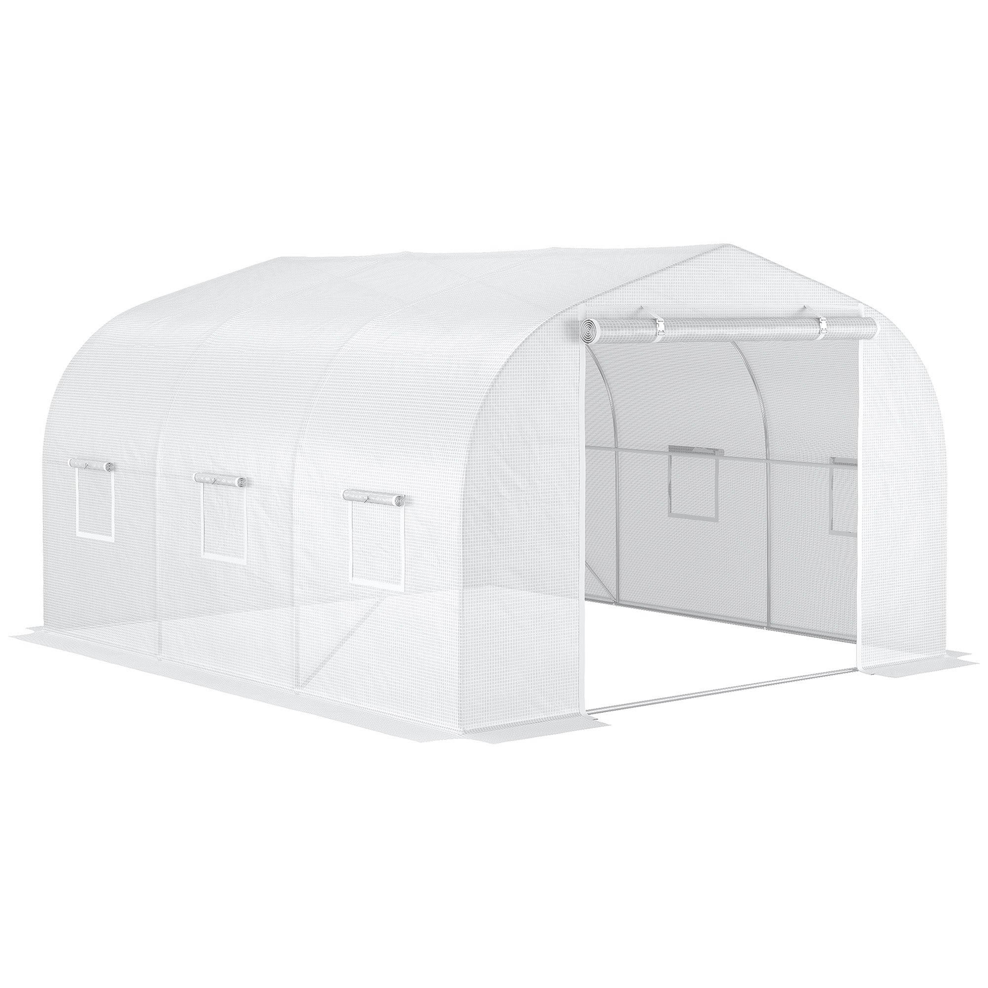 Garden Tunnel Greenhouse dim. 3.5L x 3W x 2H m Door + 6 roll-up windows Galvanized Steel High-Density PE Cover White