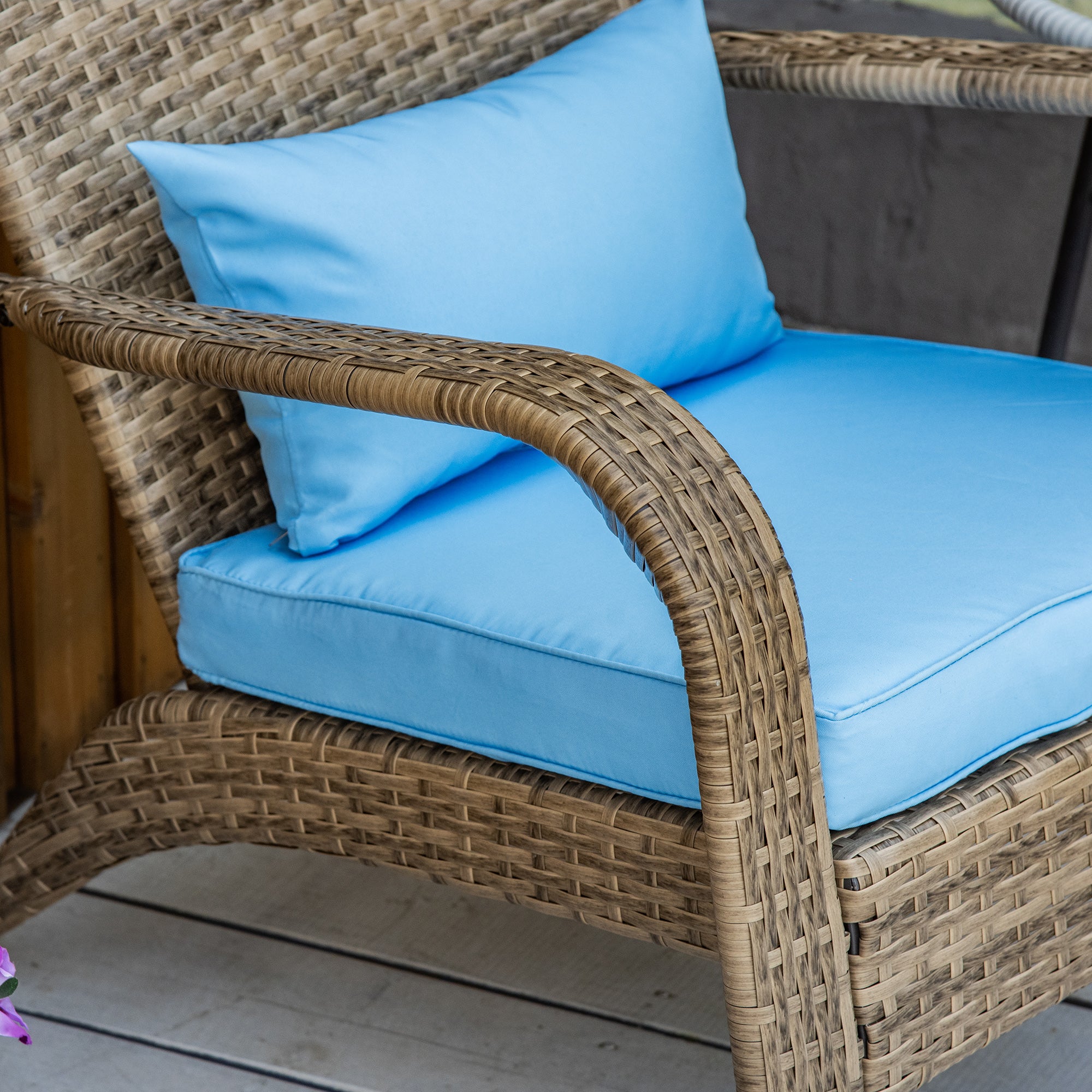 Garden Chair Adirondack with Armrests and Cushions, Rattan and Steel Chair for Indoor and Outdoor, 64x80x90 cm, Brown and Blue