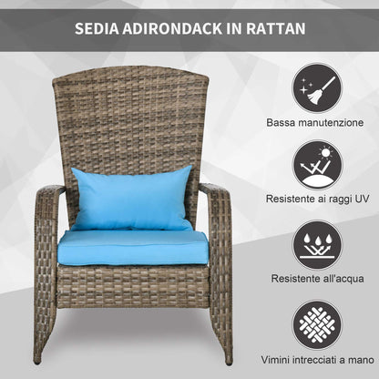 Garden Chair Adirondack with Armrests and Cushions, Rattan and Steel Chair for Indoor and Outdoor, 64x80x90 cm, Brown and Blue