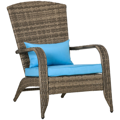 Garden Chair Adirondack with Armrests and Cushions, Rattan and Steel Chair for Indoor and Outdoor, 64x80x90 cm, Brown and Blue