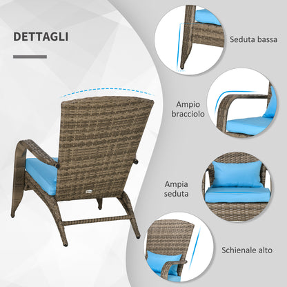 Garden Chair Adirondack with Armrests and Cushions, Rattan and Steel Chair for Indoor and Outdoor, 64x80x90 cm, Brown and Blue