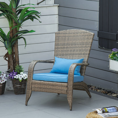 Garden Chair Adirondack with Armrests and Cushions, Rattan and Steel Chair for Indoor and Outdoor, 64x80x90 cm, Brown and Blue